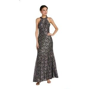 Nightway Lace Formal Gown Halter Dress Mermaid Black Taupe Lined Size 6 NWT